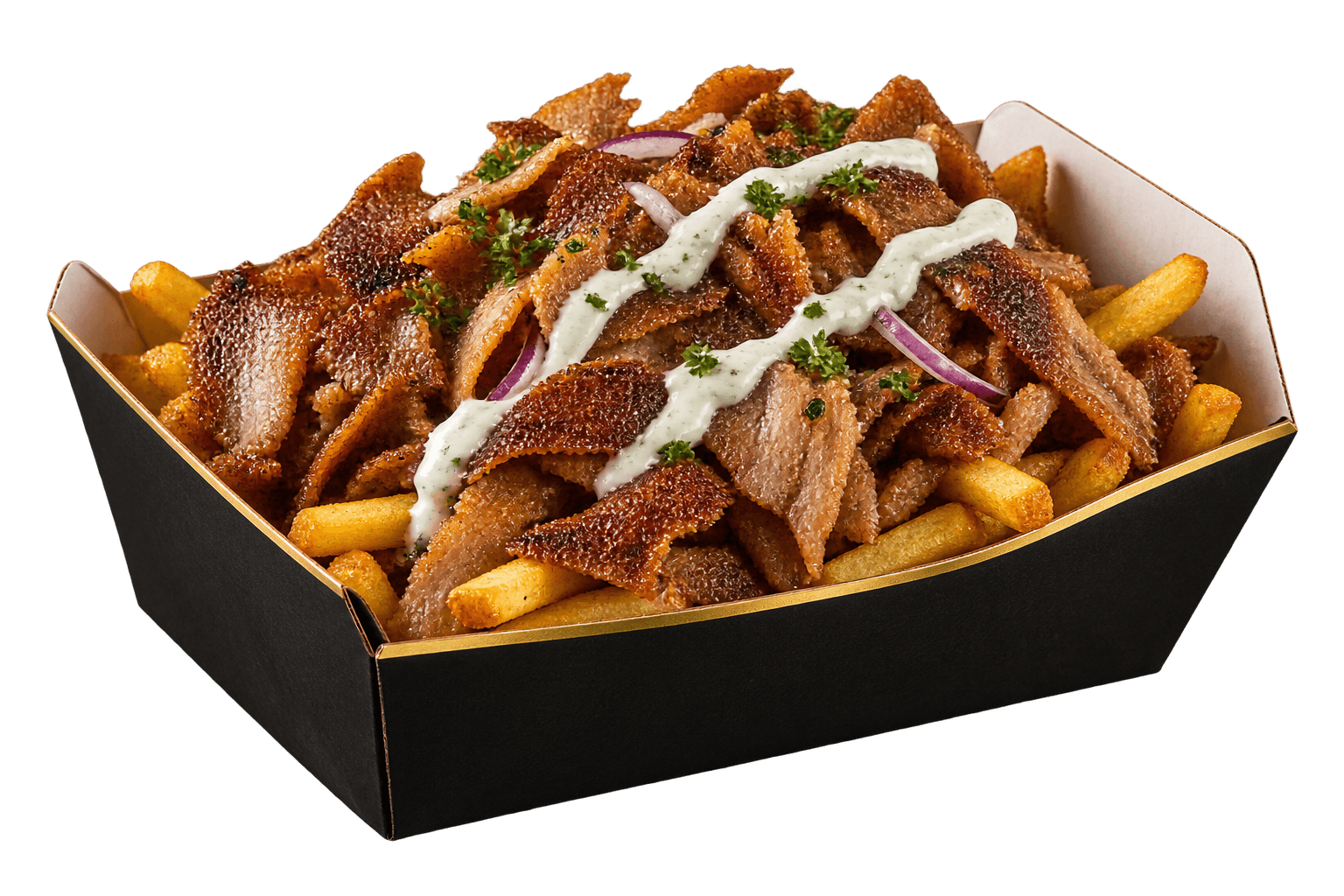 Döner Box mit krossem Spießfleisch, Pommes und Haussoße
