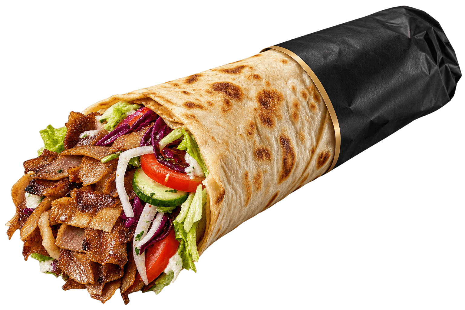 Frisch gerollter Dürüm mit Spießfleisch, Salat und Gemüse