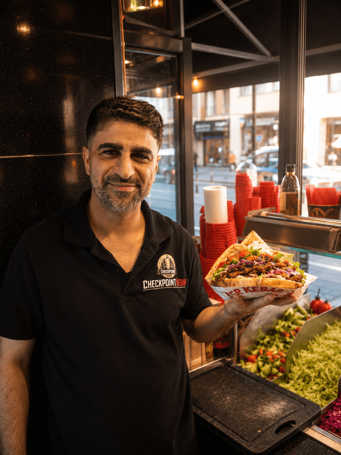 Checkpoint Gastgeber mit frisch zubereitetem Döner