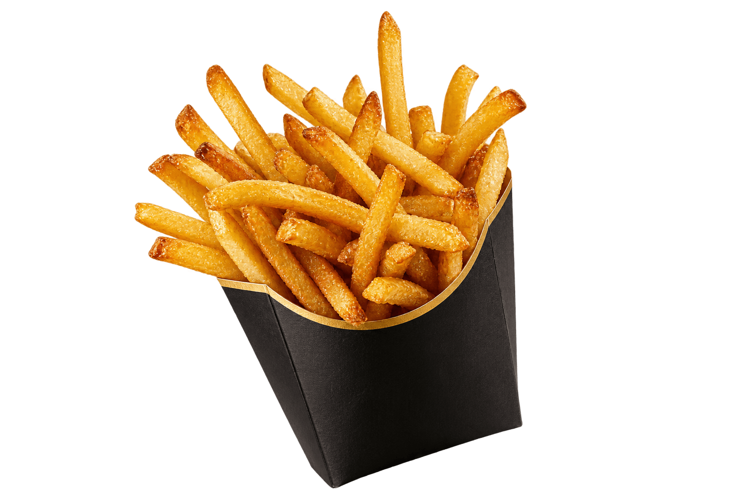 Goldene knusprige Pommes im schwarzen Checkpoint-Karton