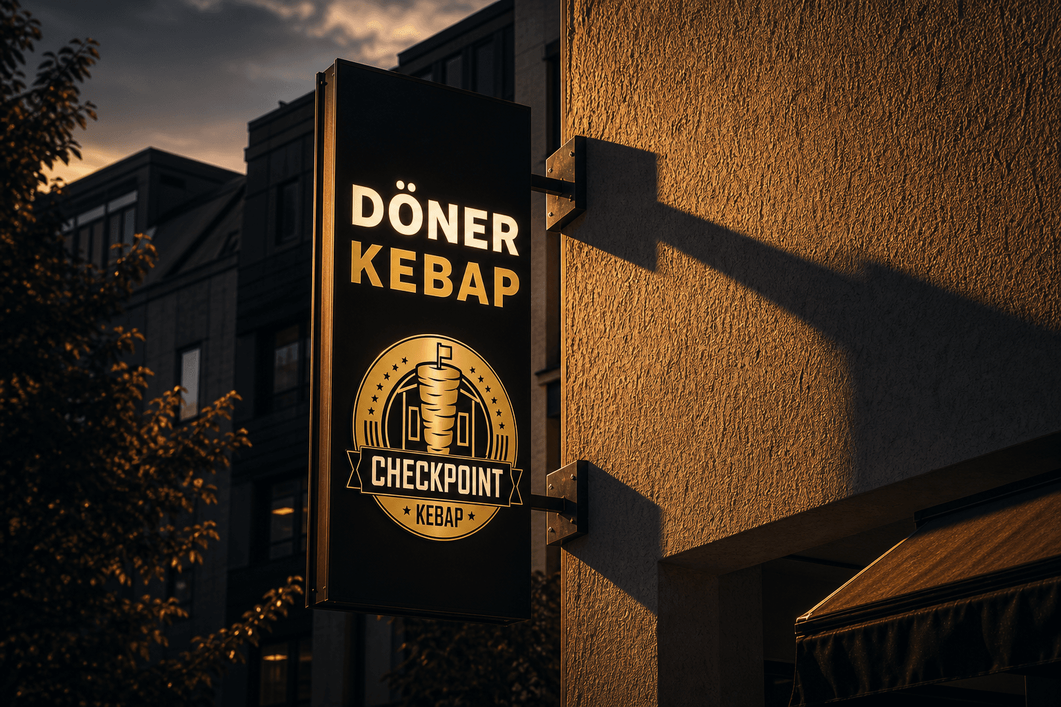 Beleuchtetes Checkpoint Kebap Fassadenschild im warmen Berliner Abendlicht
